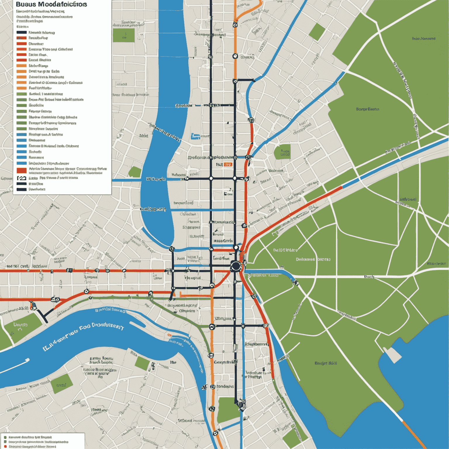 A map showing updated bus routes with highlighted changes, new stops, and route modifications