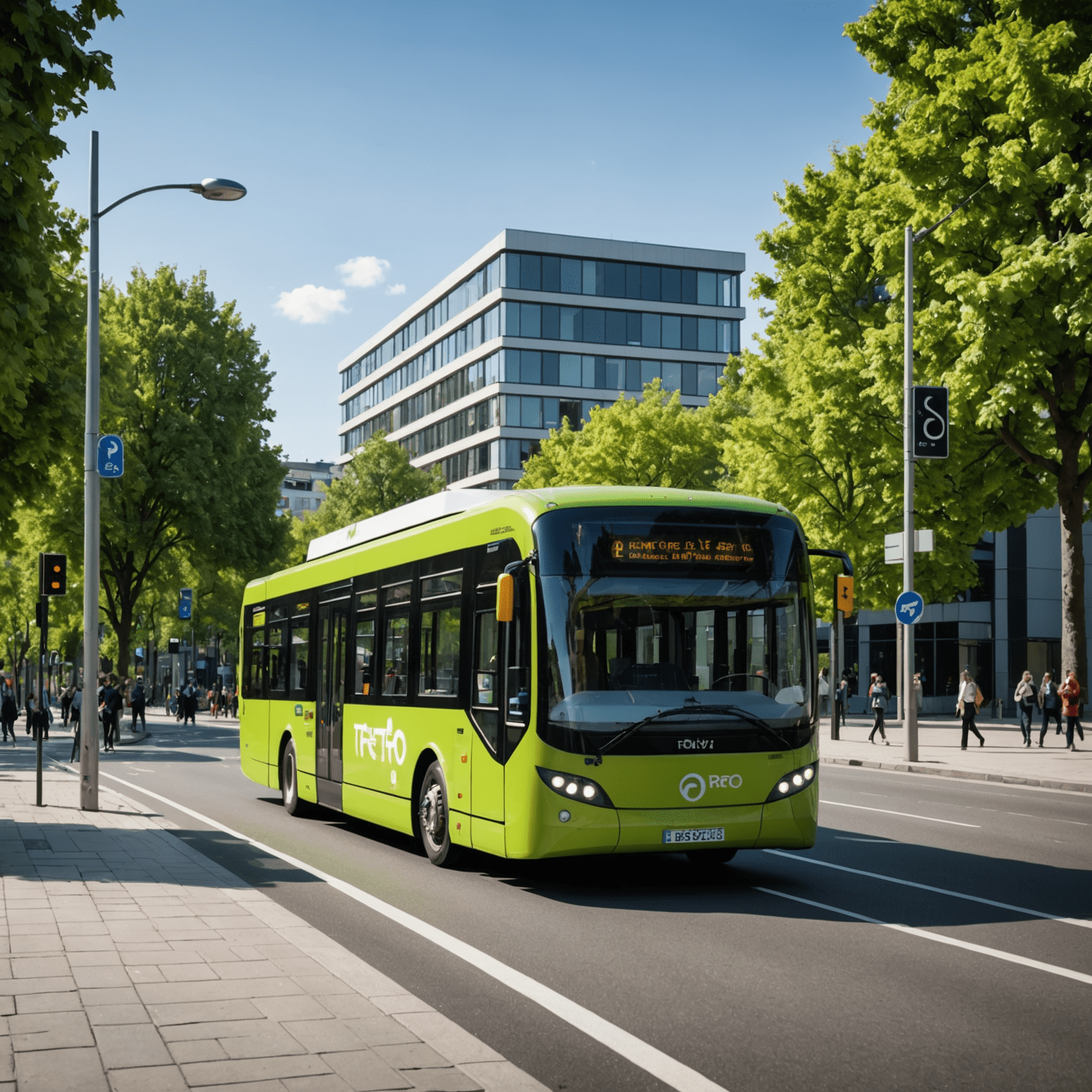 A modern electric bus with the rtegitero.com logo, driving through a green urban landscape with cyclists and pedestrians