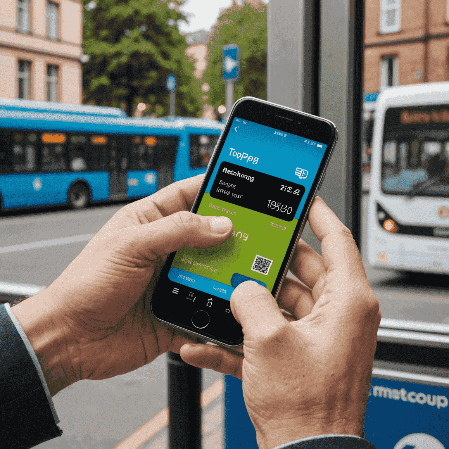 A hand holding a smartphone, tapping to recharge a bus travel card. The screen shows a simple and intuitive interface for quick top-ups.