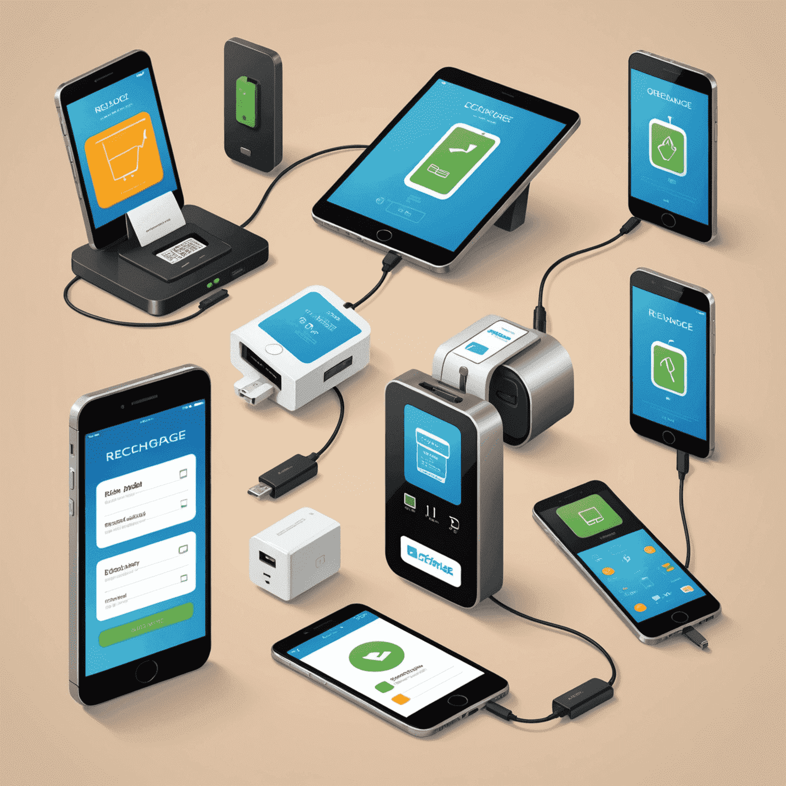 Illustration of various recharge methods including online, mobile app, and kiosk