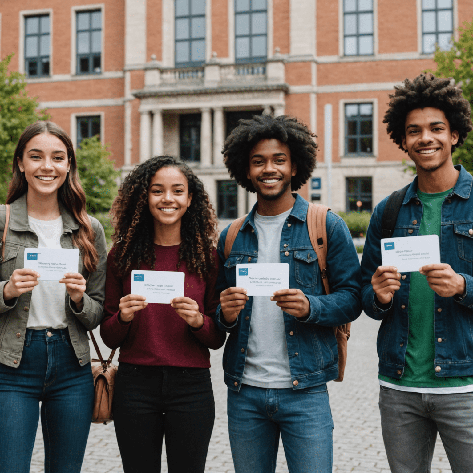 A group of diverse students holding their rtegitero.com cards in front of a university building