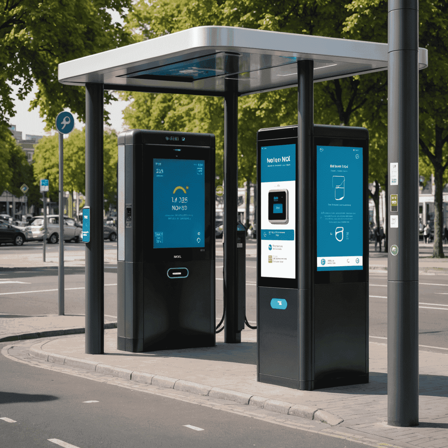 Image of a modern smart bus stop with digital displays, USB charging ports, and a NOL card top-up machine