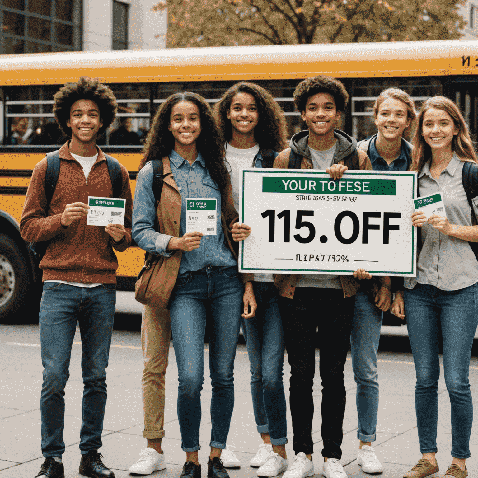 A group of students holding bus passes with a large 15% off sign