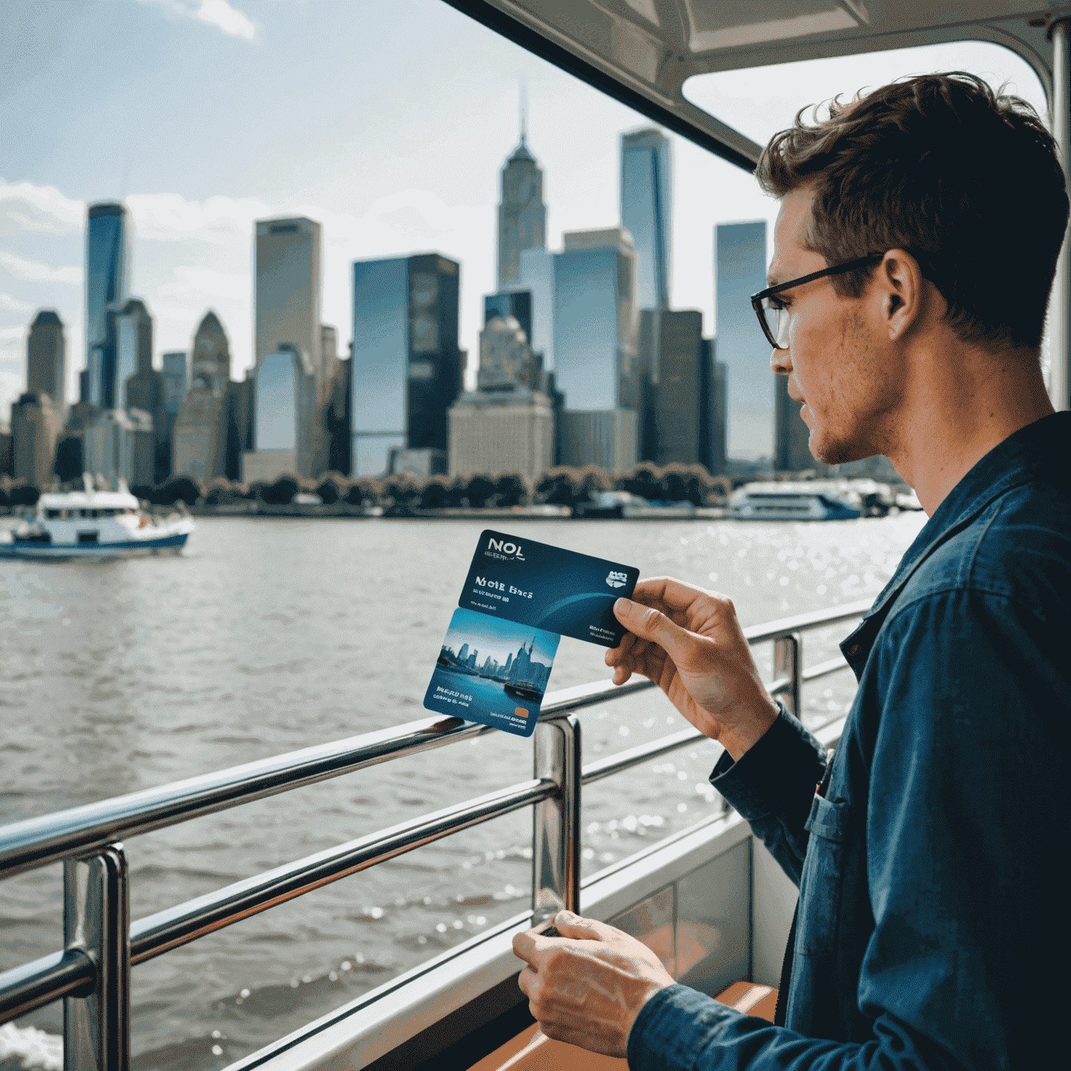 Image of a person using their NOL card to board a water bus, with the city skyline in the background